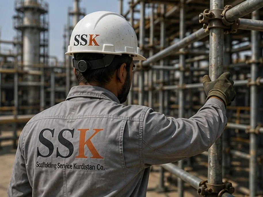 SSK scaffolder climbing cuplock scaffolding at a refinery